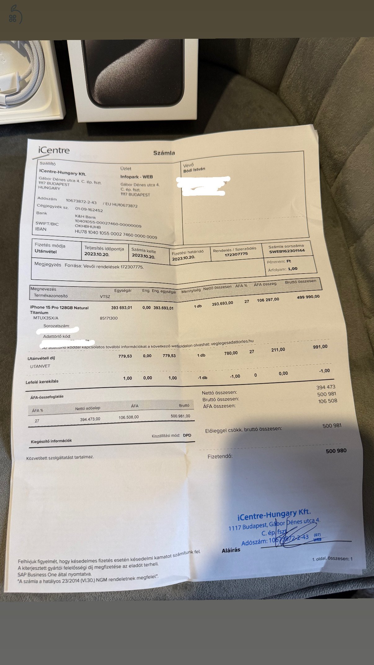 Iphone 15 pro 128 Gb, Natúr titán, iCentre vásárlás,Garanciás