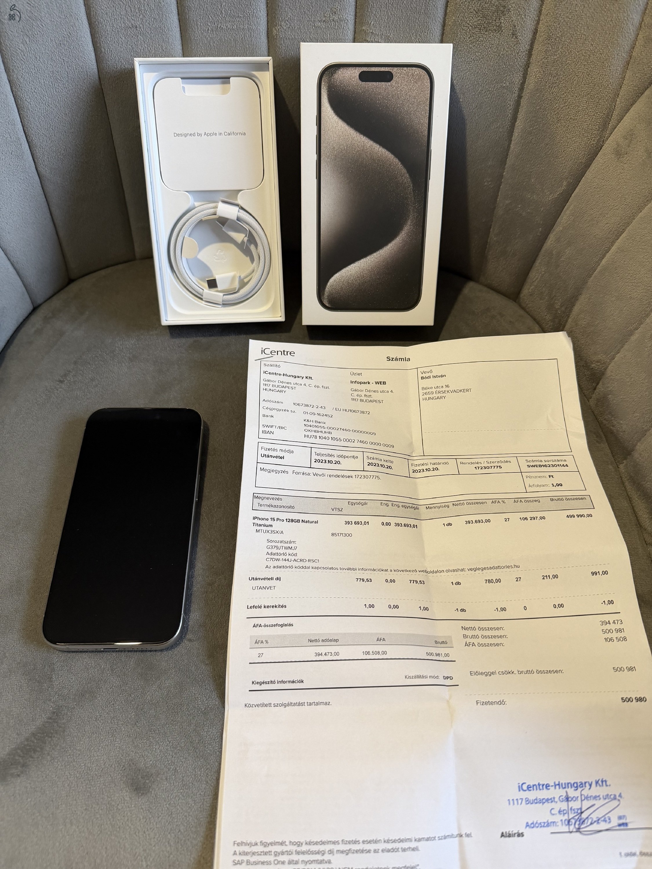 Iphone 15 pro 128 Gb, Natúr titán, iCentre vásárlás,Garanciás