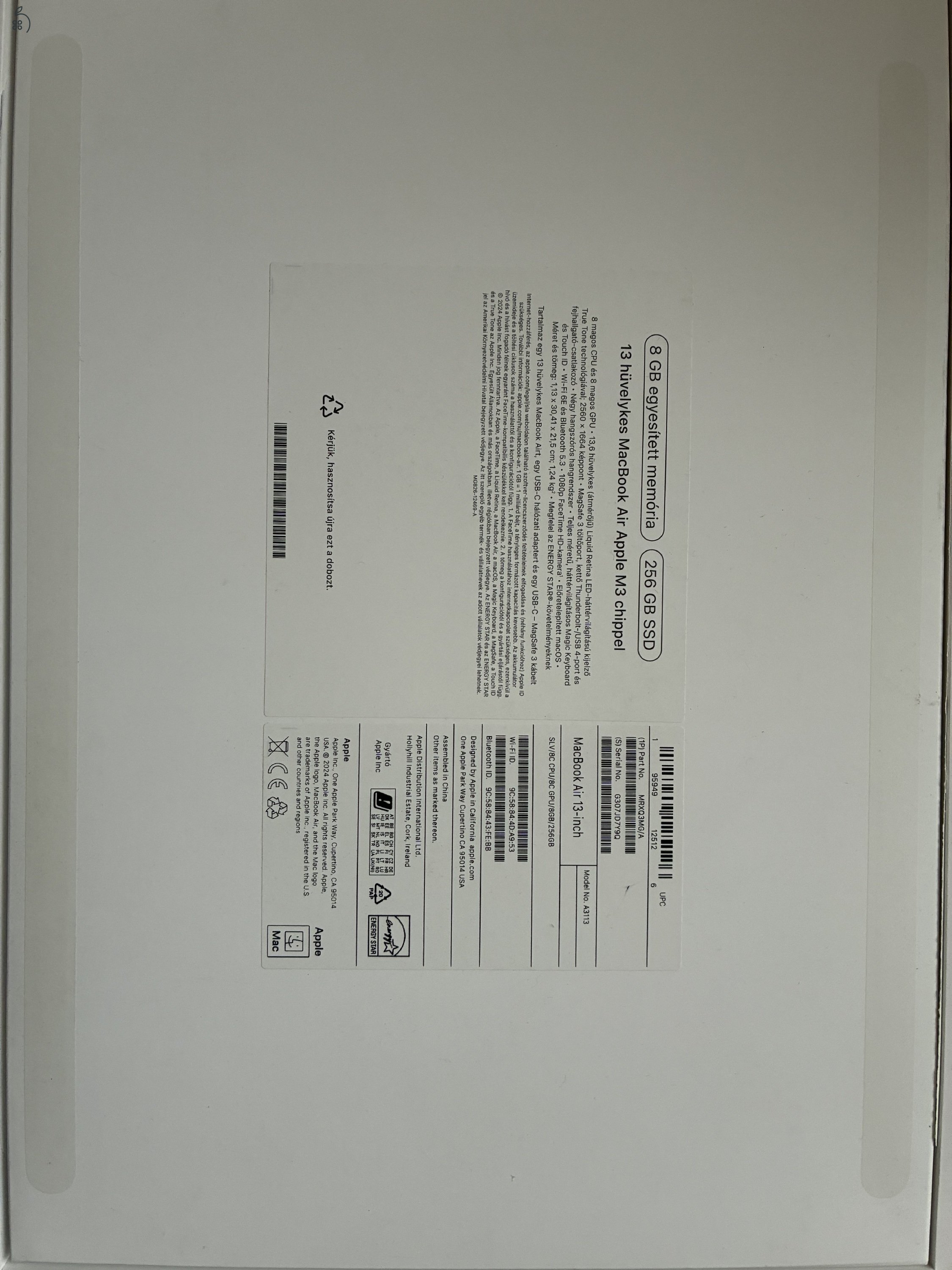 13 hüvelykes MacBook Air Apple M3 chip 100% akku