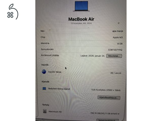 13 hüvelykes MacBook Air Apple M3 chip 100% akku