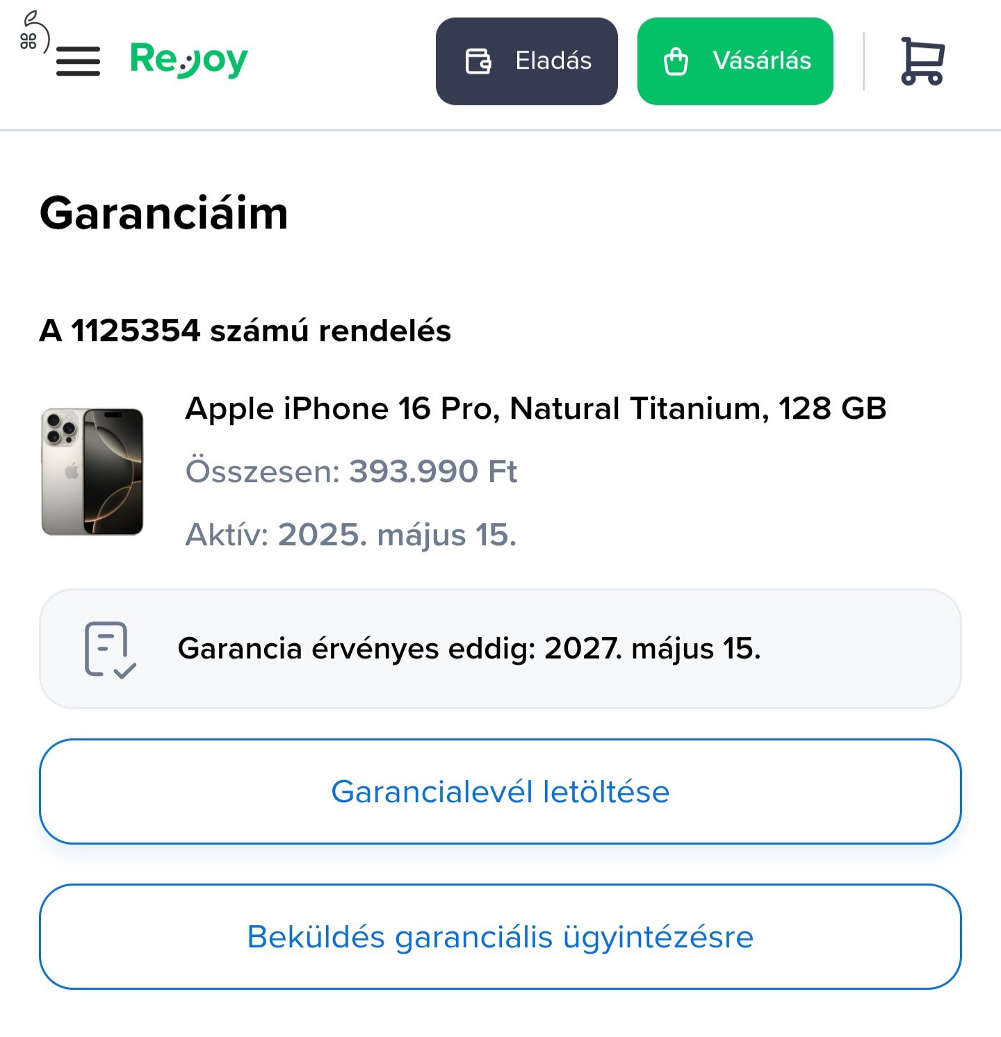Újszerű Iphone 16 Pro 128Gb Natural Titanium 100% Akku
