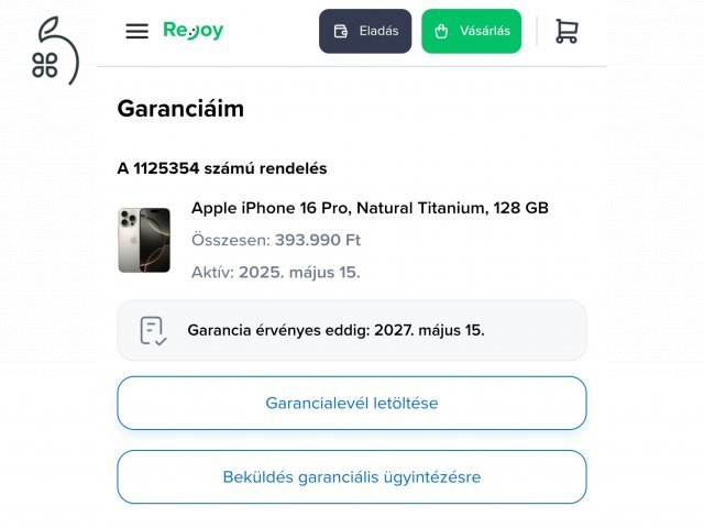 Újszerű Iphone 16 Pro 128Gb Natural Titanium 100% Akku