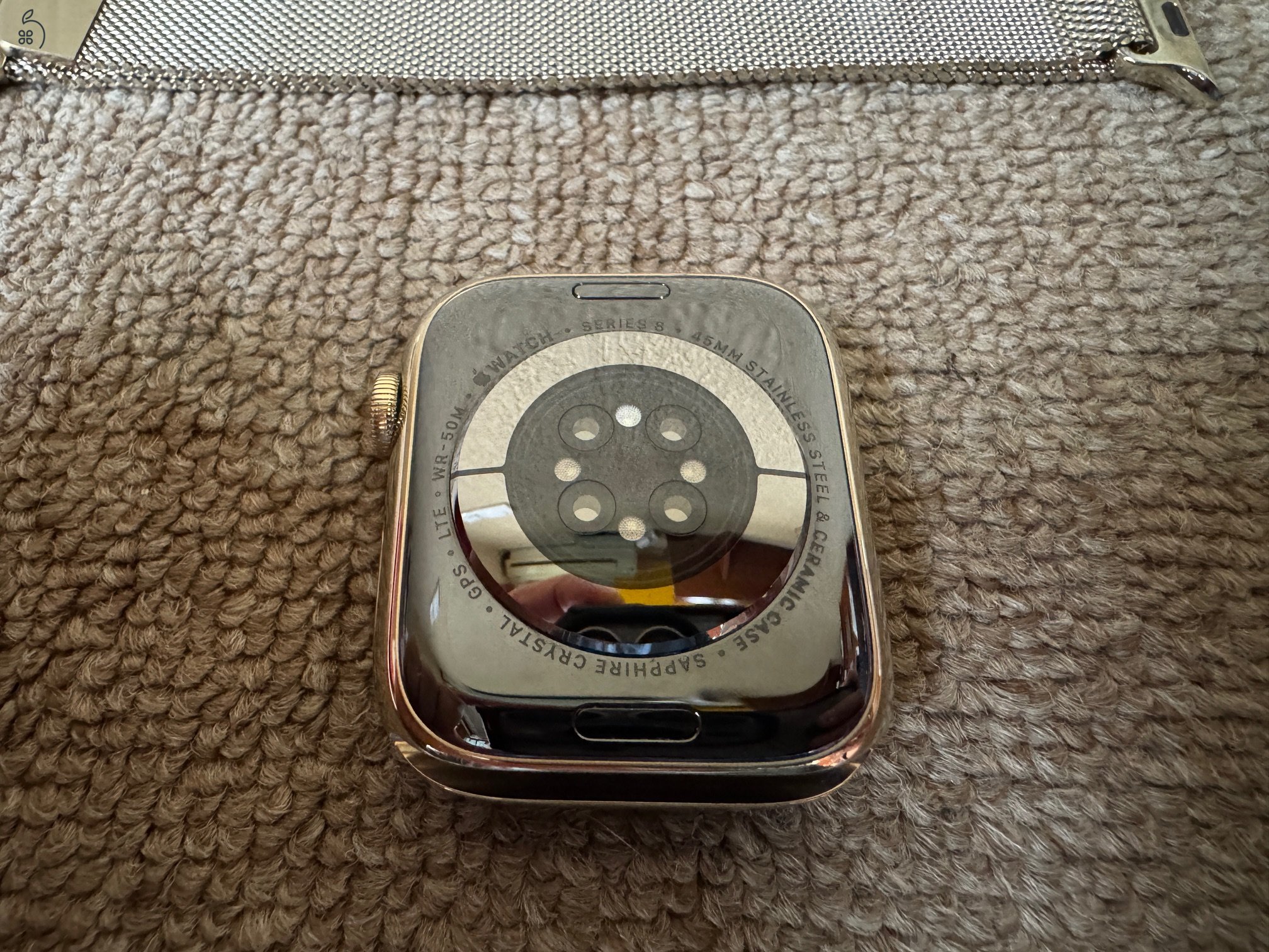Apple, Watch, Series 8, 45mm, Arany, Rozsdamentes Acél, Milanese, Milánói, Gold, A2775, Stainless Steel, iwatch, applewatch