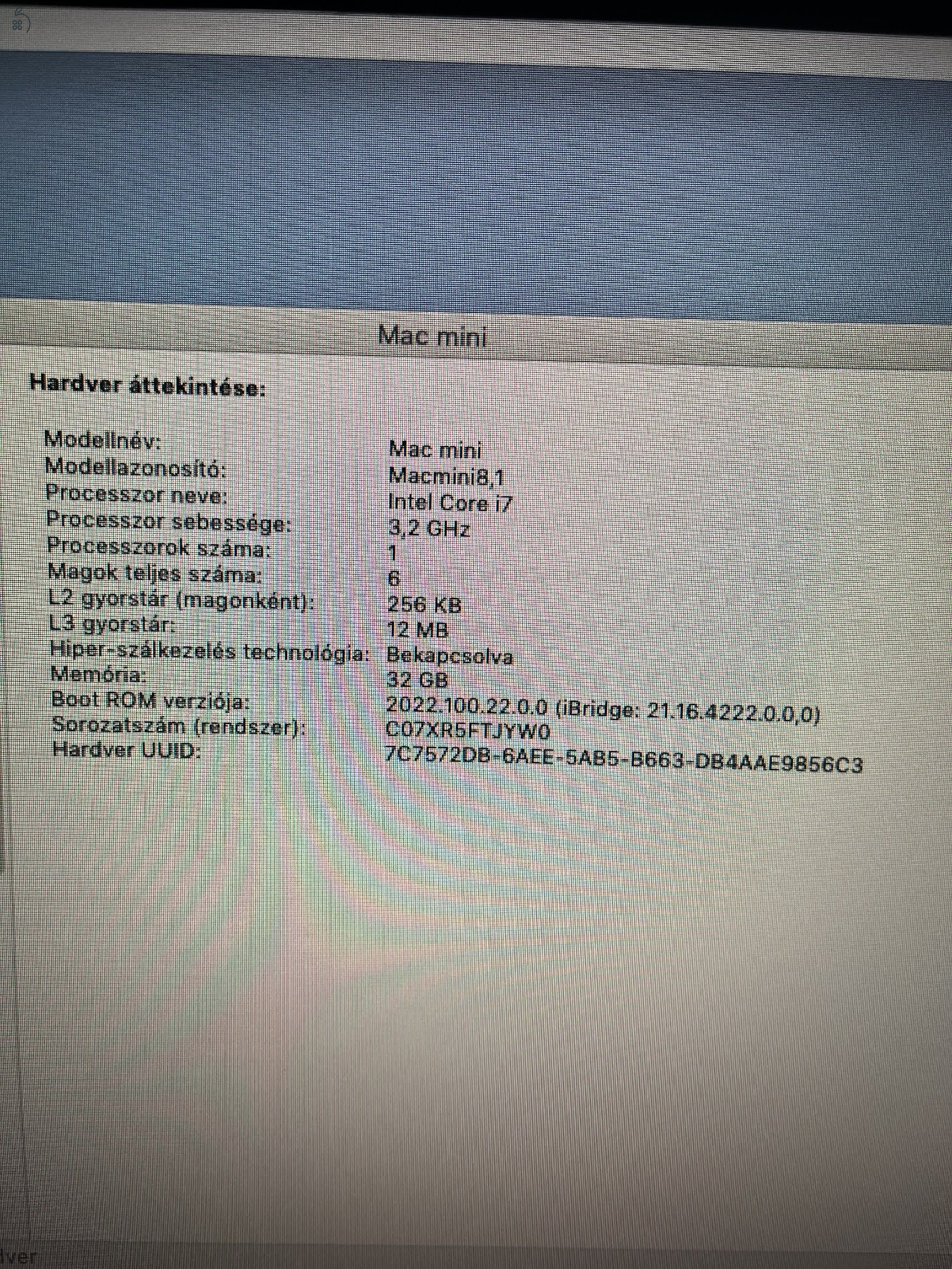 Eladó MacMini 2018, I7 3,2 GHz, 32 Gb Ram, 256 SSD