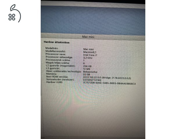 Eladó MacMini 2018, I7 3,2 GHz, 32 Gb Ram, 256 SSD