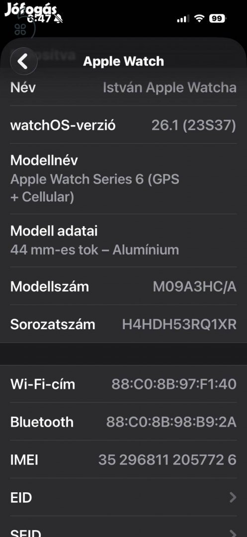 Apple Watch Series 6 44mm GPS+ Cellular (esim) -92% akku-újszerű-Kék+Fém szíj