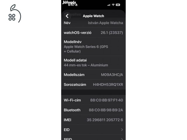 Apple Watch Series 6 44mm GPS+ Cellular (esim) -92% akku-újszerű-Kék+Fém szíj