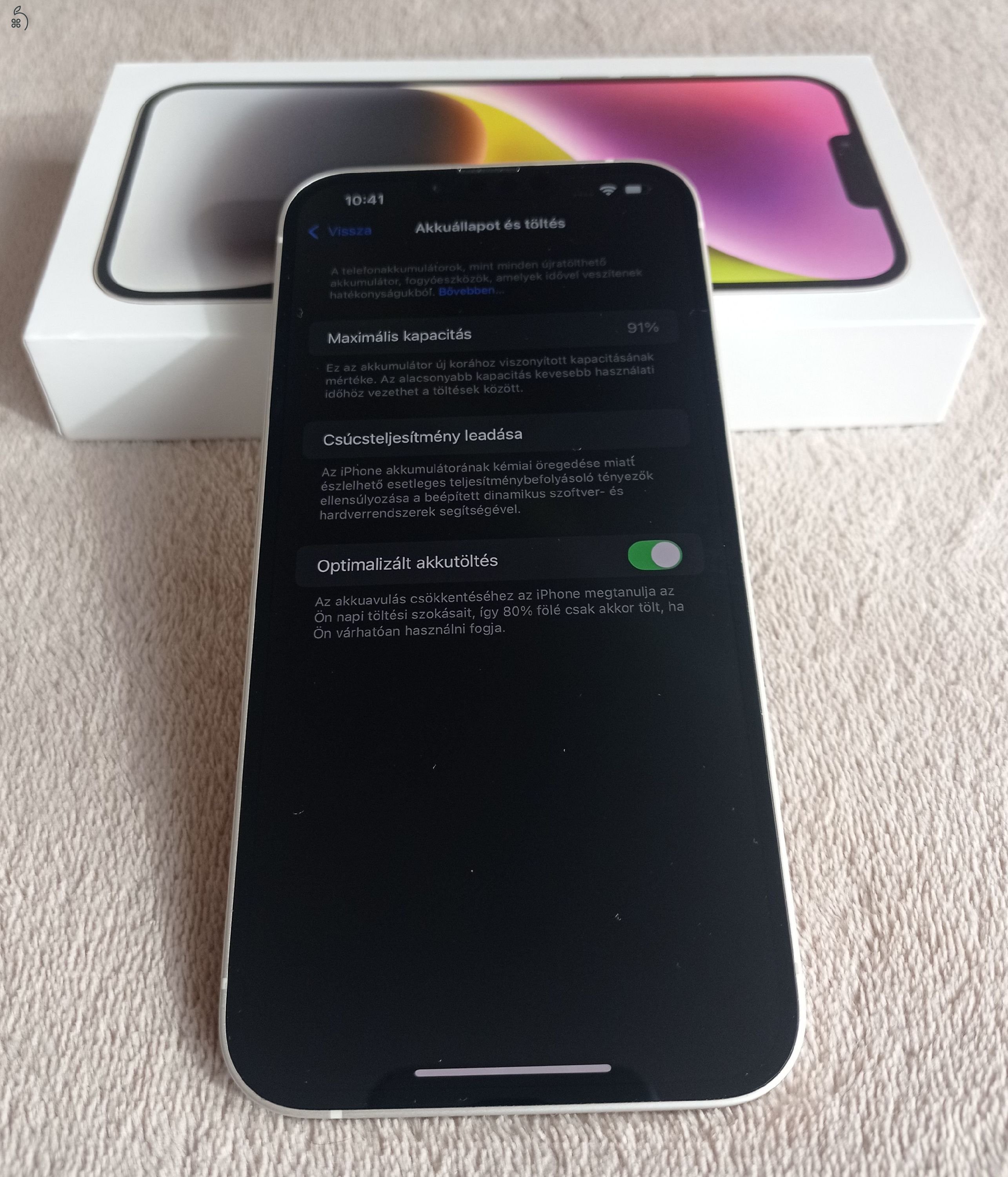 Apple iPhone 14 Plus, Starlight, 128Gb, karcmentes, független, új állapotú, 91%