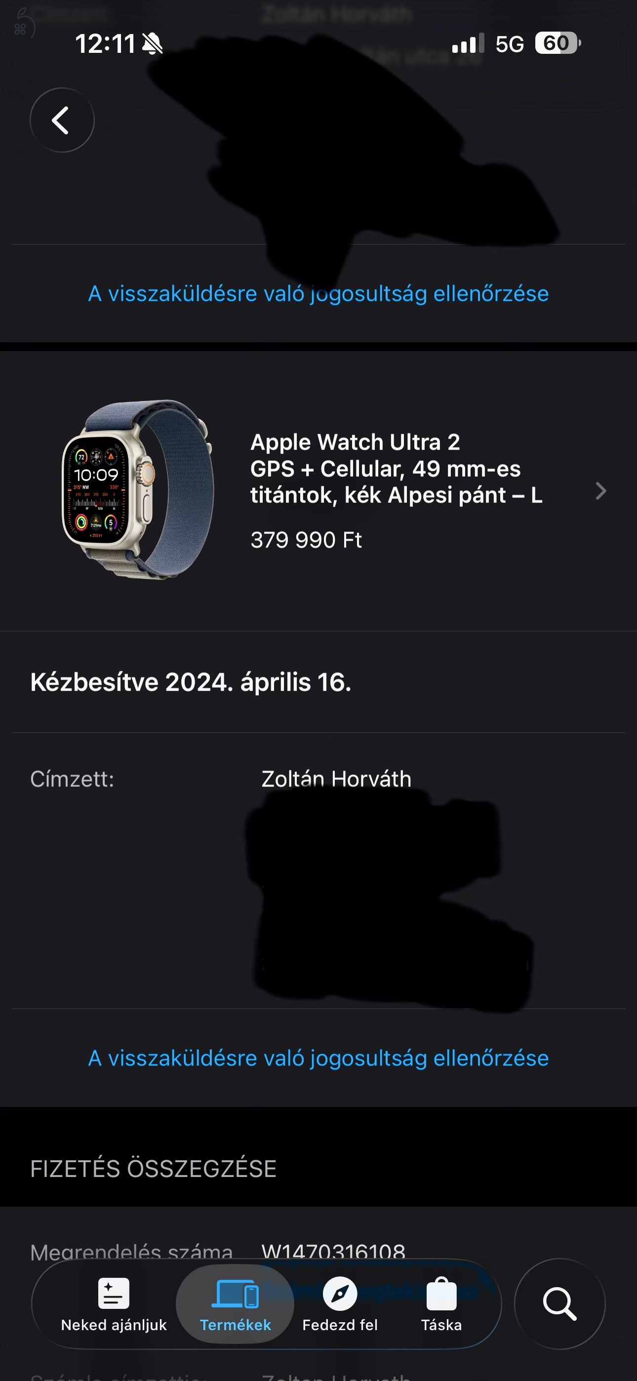 Apple Watch Ultra 2 GPS + Cellular, 49 mm-es titántok, kék Alpesi pánt - L