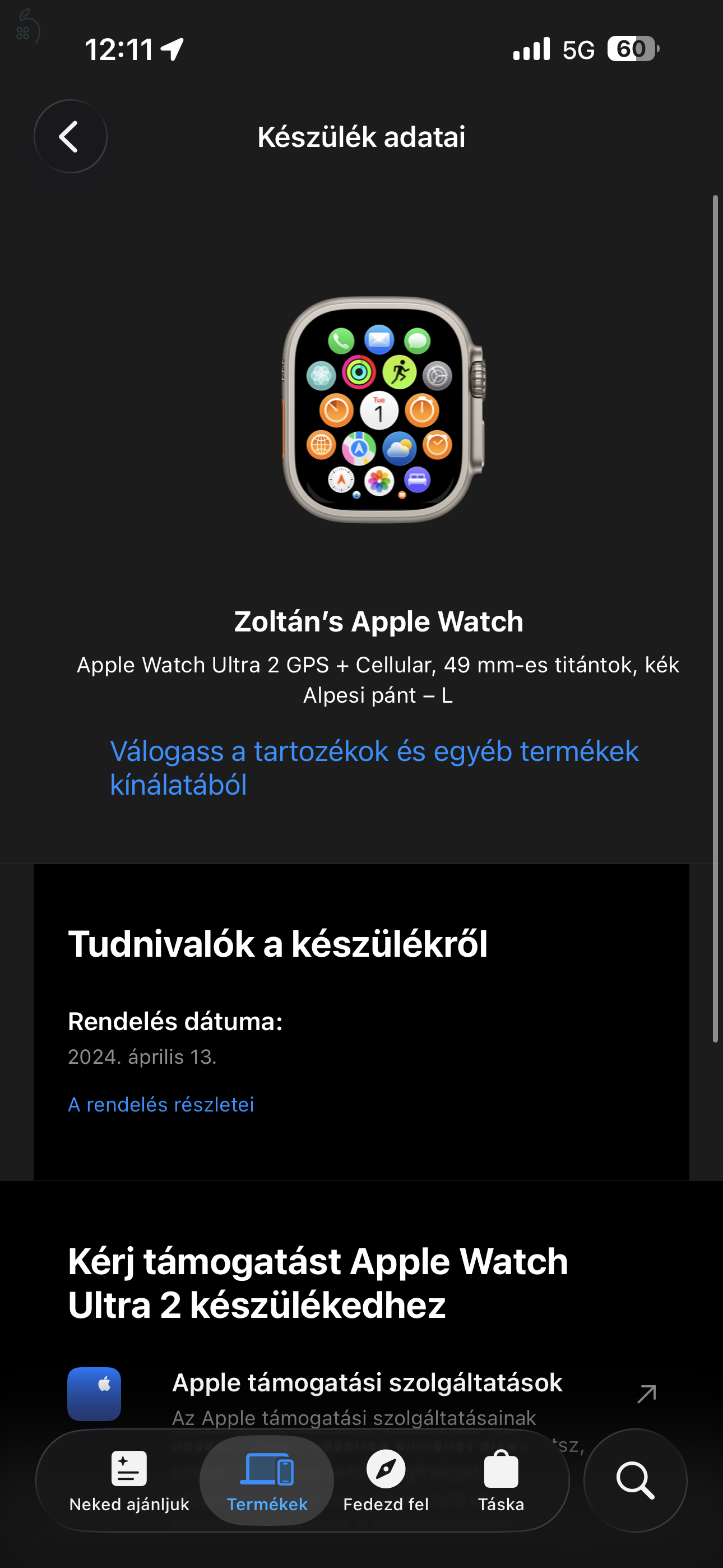 Apple Watch Ultra 2 GPS + Cellular, 49 mm-es titántok, kék Alpesi pánt - L
