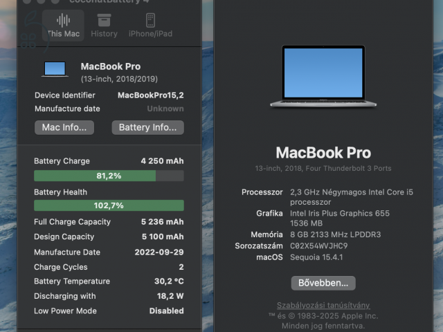 MacBook Pro / i5 2.3GHz - 4 Mag / 8GB RAM / 512GB SSD / ÚJ AKKU!