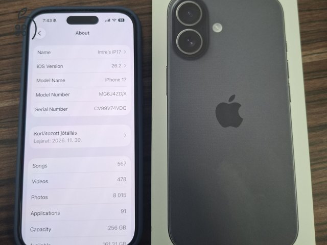 iPhone 17 black, 256GB, 9 ciklus, hibátlan