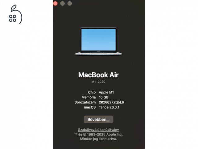MacBookAir M1 (2020/12) - 16gb ram - 256gb tárhely - 88% akksi - Esztétikai hiba