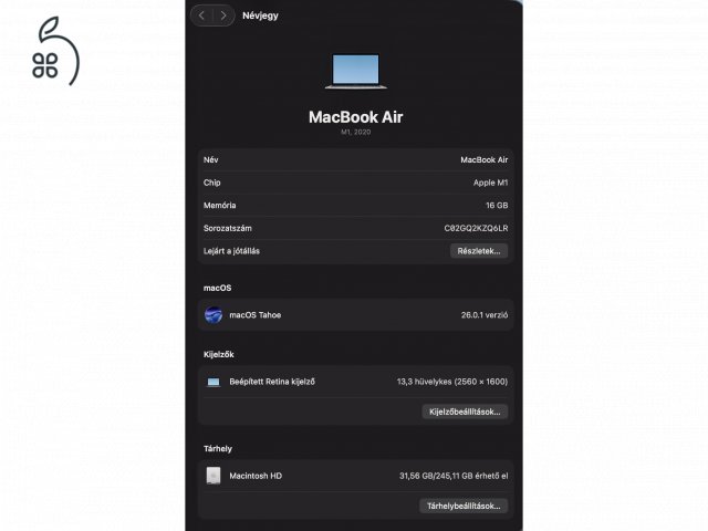 MacBookAir M1 (2020/12) - 16gb ram - 256gb tárhely - 88% akksi - Esztétikai hiba