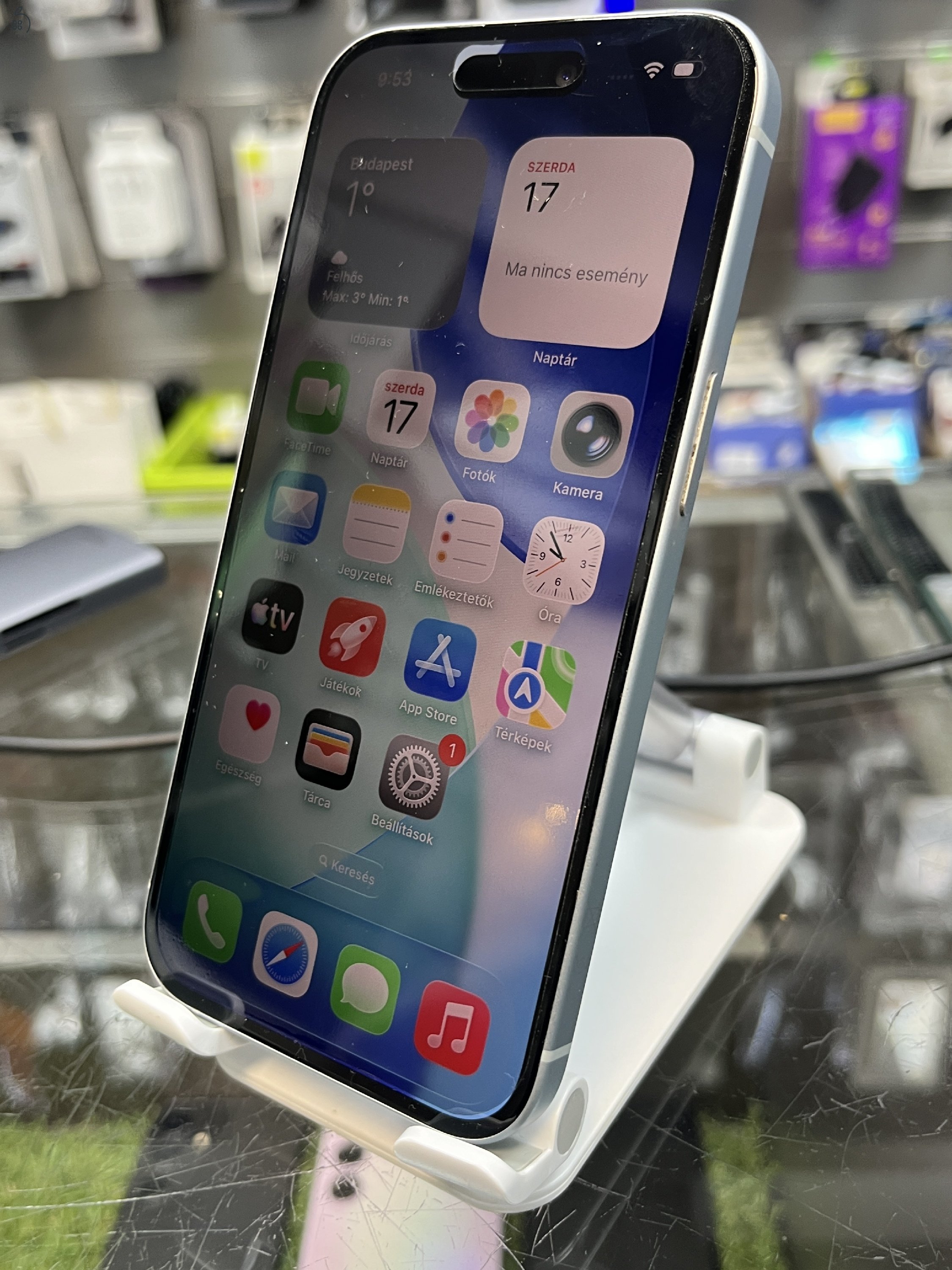 KIFOGÁSTALAN Iphone 15 128GB FÜGGETLEN, GAR 2027.06.11-ig, ÜZLETBÖL, BESZÁMITÁS/CSERE LEHETSÉGES