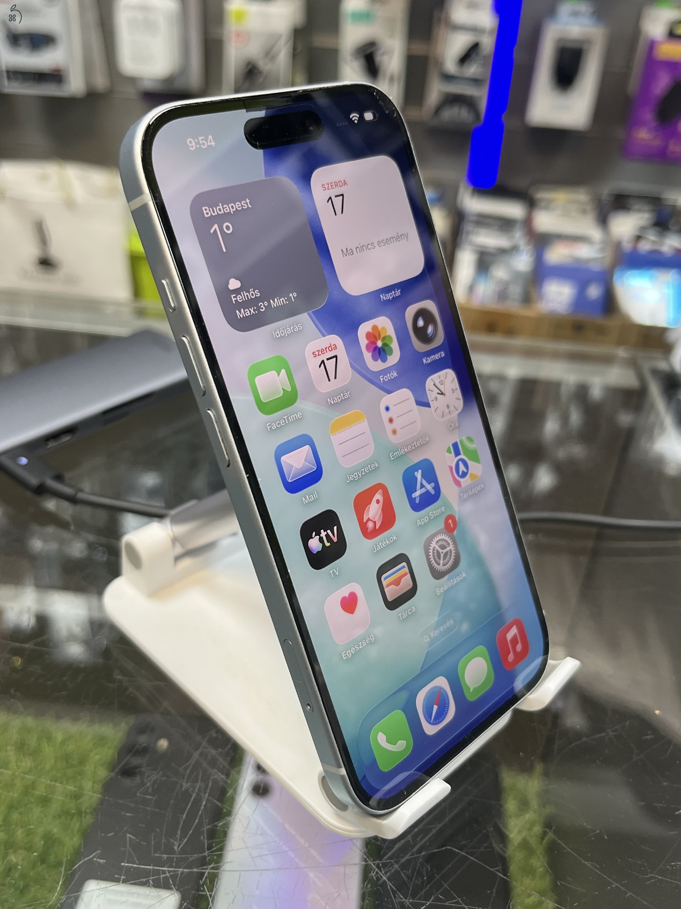 KIFOGÁSTALAN Iphone 15 128GB FÜGGETLEN, GAR 2027.06.11-ig, ÜZLETBÖL, BESZÁMITÁS/CSERE LEHETSÉGES