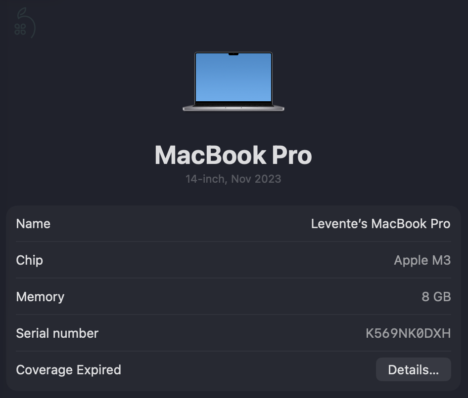 Macbook Pro 14” M3 8/512GB !újszerű!