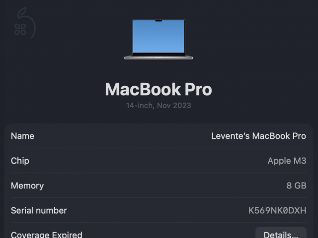 Macbook Pro 14” M3 8/512GB !újszerű!