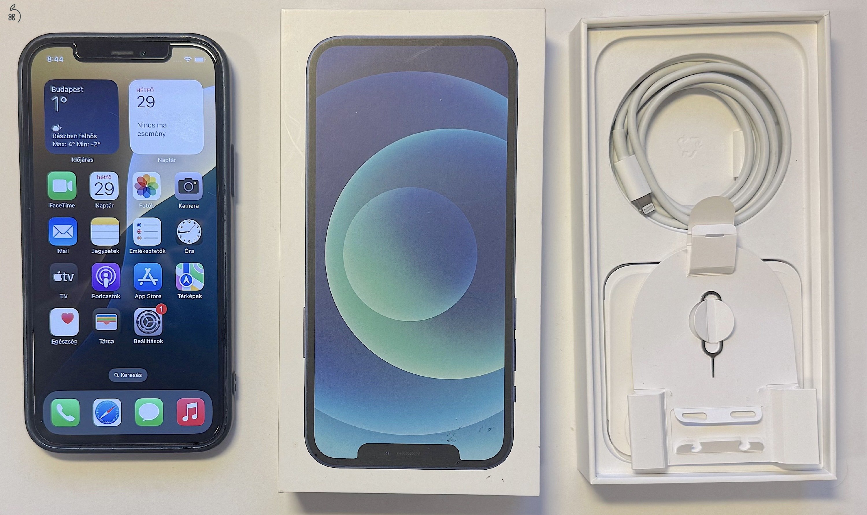 Iphone 12 Blue független, 128GB, doboz, hibátlan kijelző, Face ID ok, tokok + új kábel