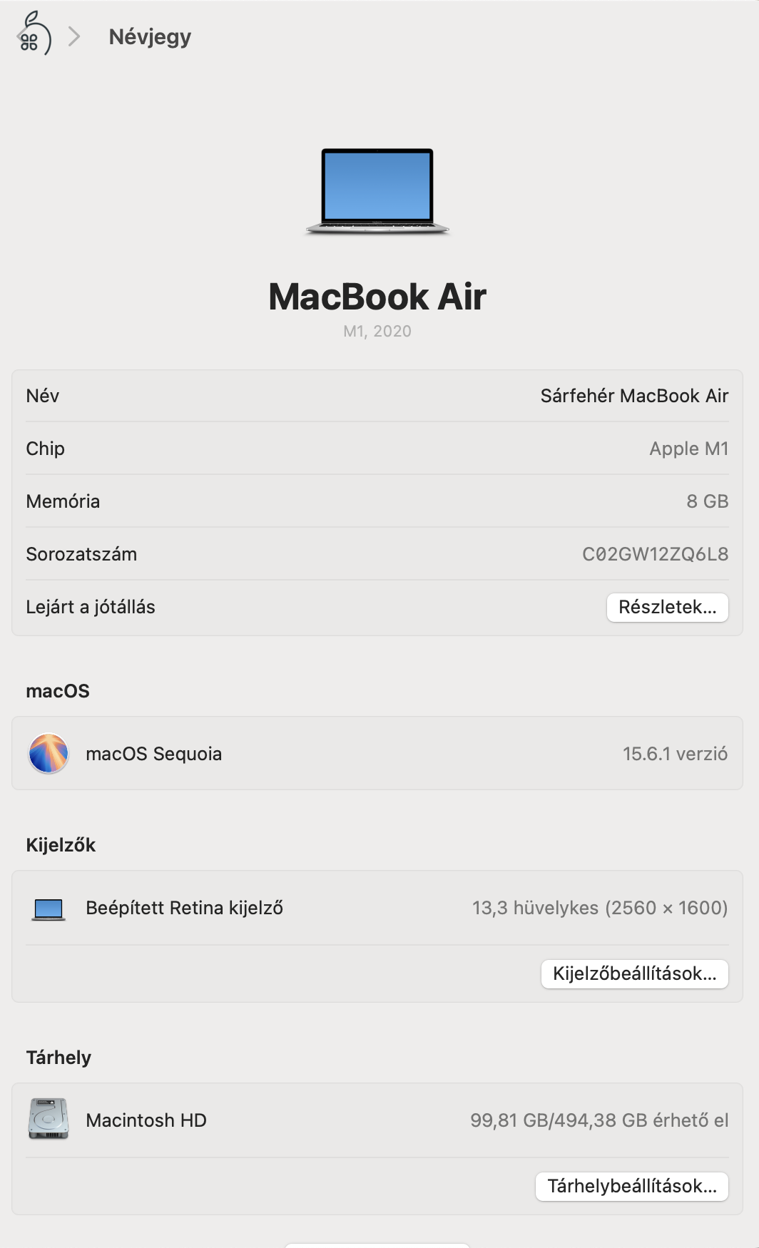 MacBook Air M1 (2020) – 8 GB RAM, 500 GB SSD – működés hibátlan, esztétikai sérülésekkel