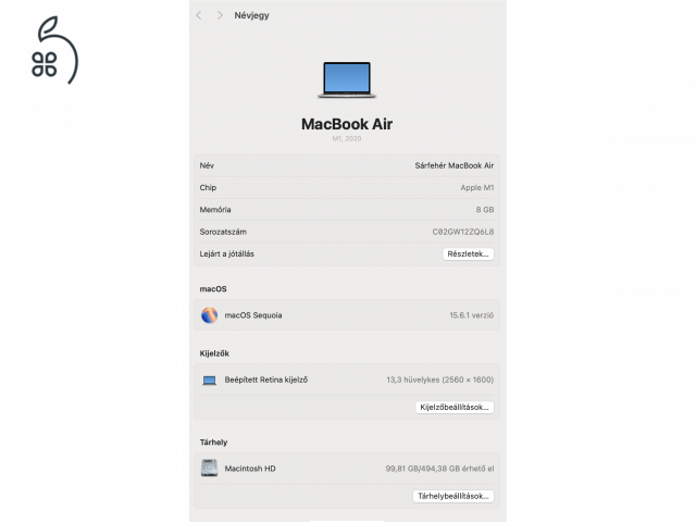 MacBook Air M1 (2020) – 8 GB RAM, 500 GB SSD – működés hibátlan, esztétikai sérülésekkel