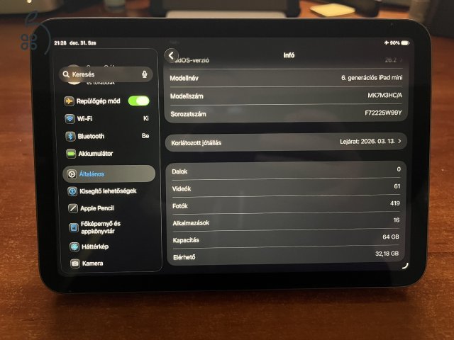 iPad Mini 6 WiFi 64 GB, space gray makulátlan állapotú, végig tokban-fóliában tartott garanciális 