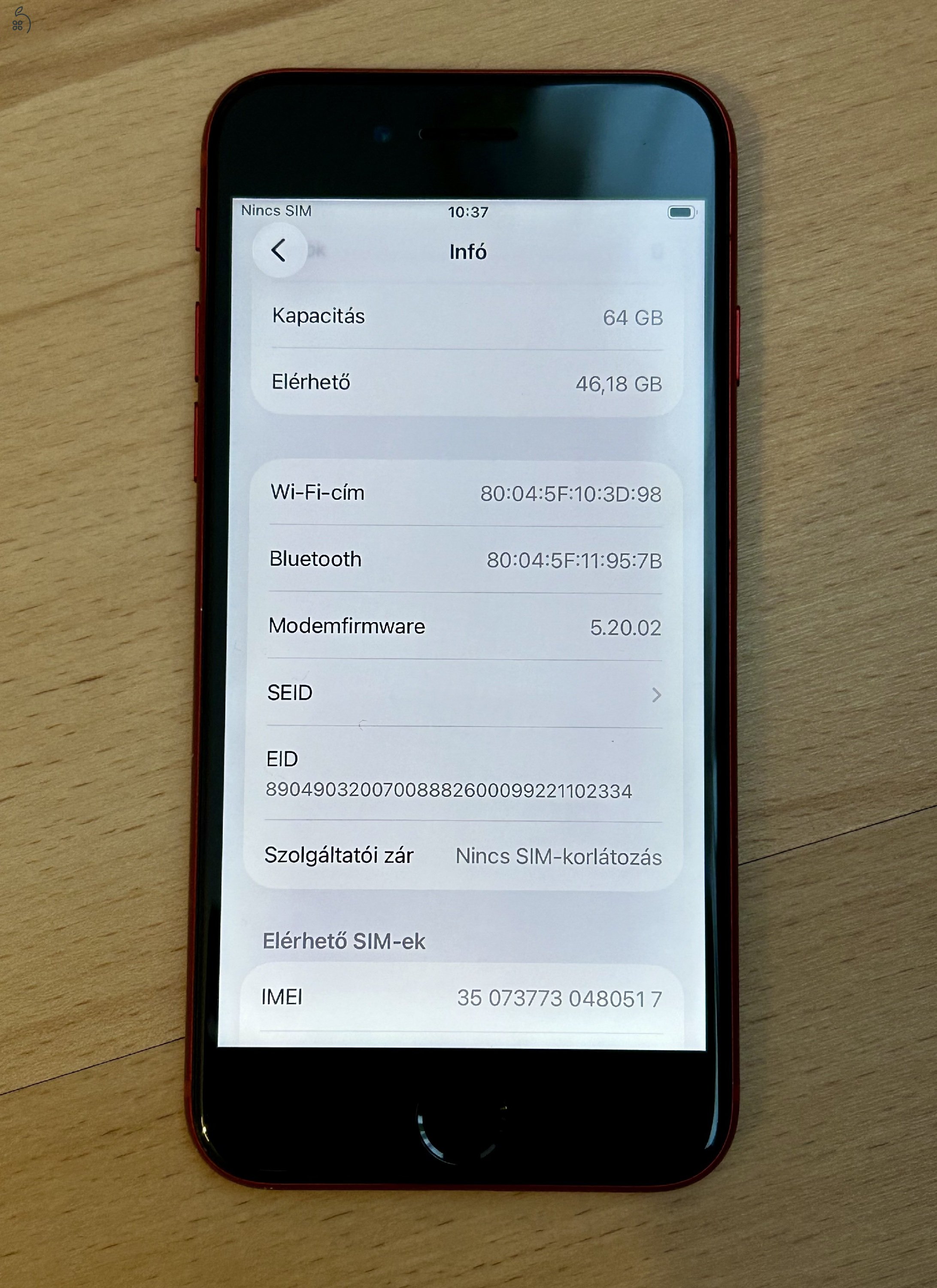 Újszerű iPhone SE 3 Red 64gb Független 84% akku