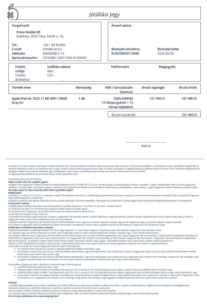 iPad Air 11 M3 128 GB WiFi felbontott, kipróbált, vadonatúj állapotban, 2027.09. 29-ig garancia