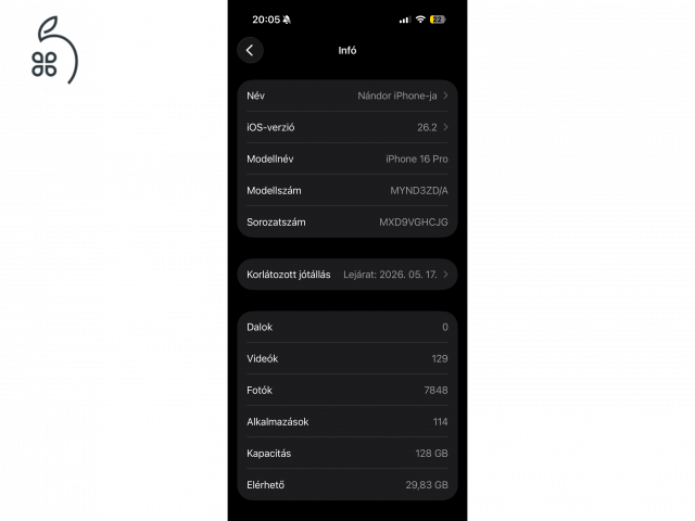 Apple iPhone 16 Pro Black 128GB, 99% akku, garanciális, karcmentes