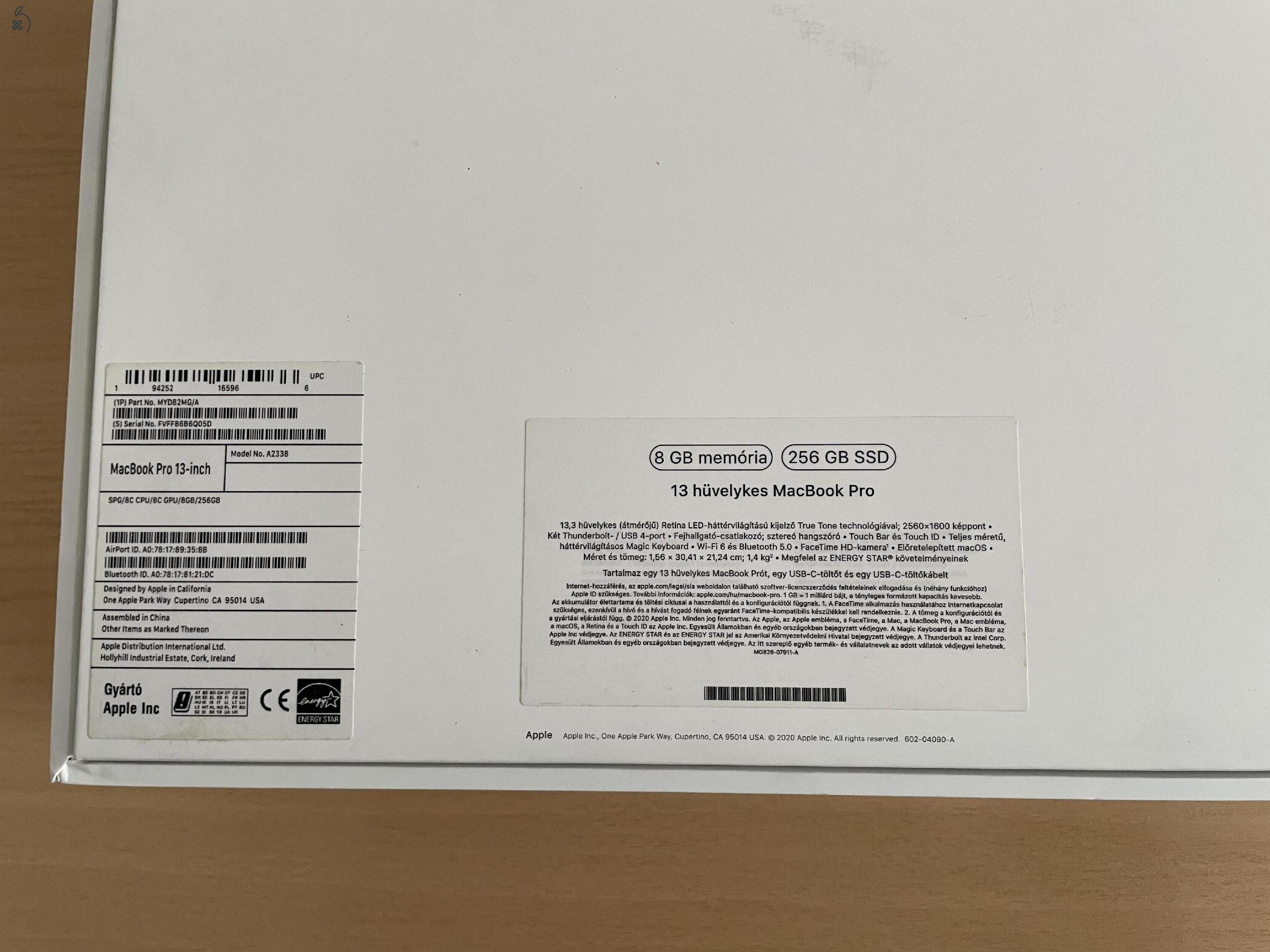 Macbook Pro M1 2020 8GB RAM 256GB SSD Magyar bill, 94% akku, Space Gray