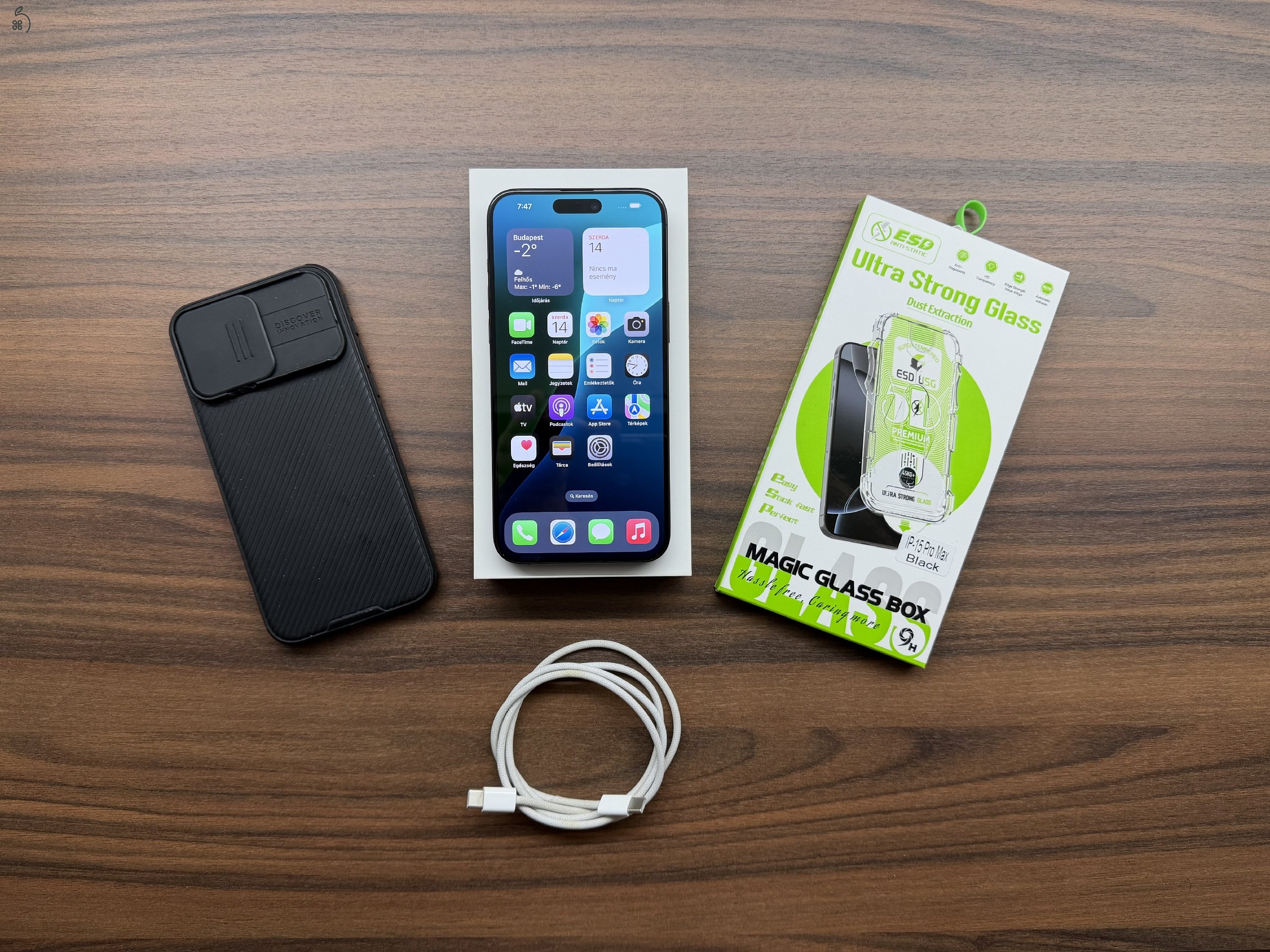 Eladó Apple iPhone 15 pro max 256GB, Fekete titán, Kártya független, Garanciális 2027.04.02.!