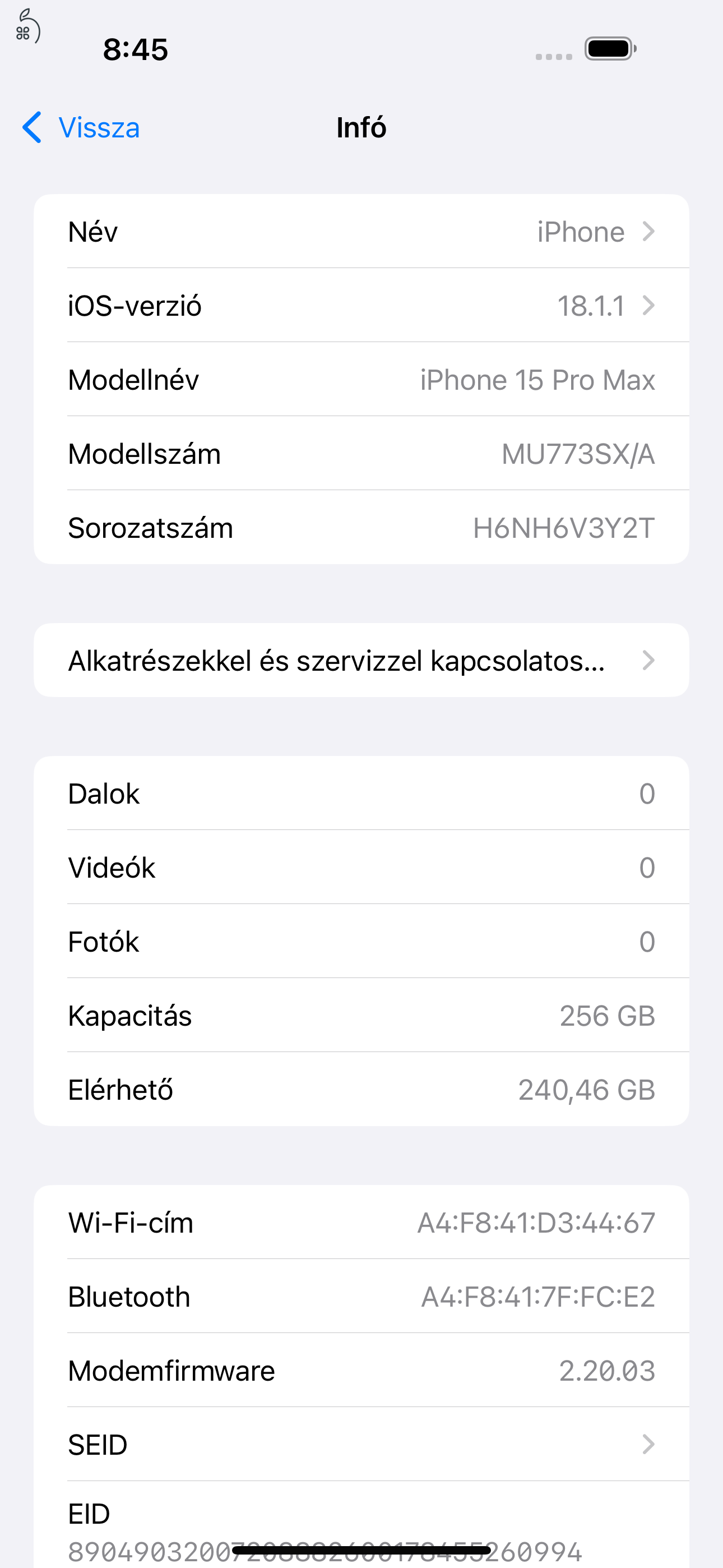 Eladó Apple iPhone 15 pro max 256GB, Fekete titán, Kártya független, Garanciális 2027.04.02.!