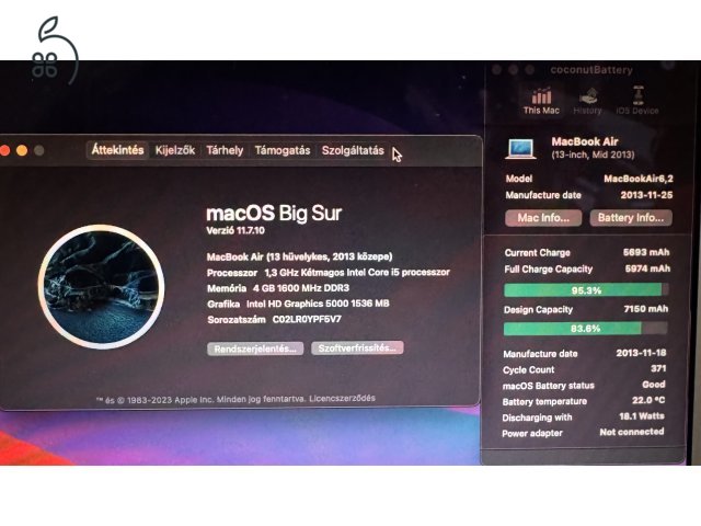Eladó MacBook Air 2013 mid 13”/i5/4gb/128ssd/371ciklus