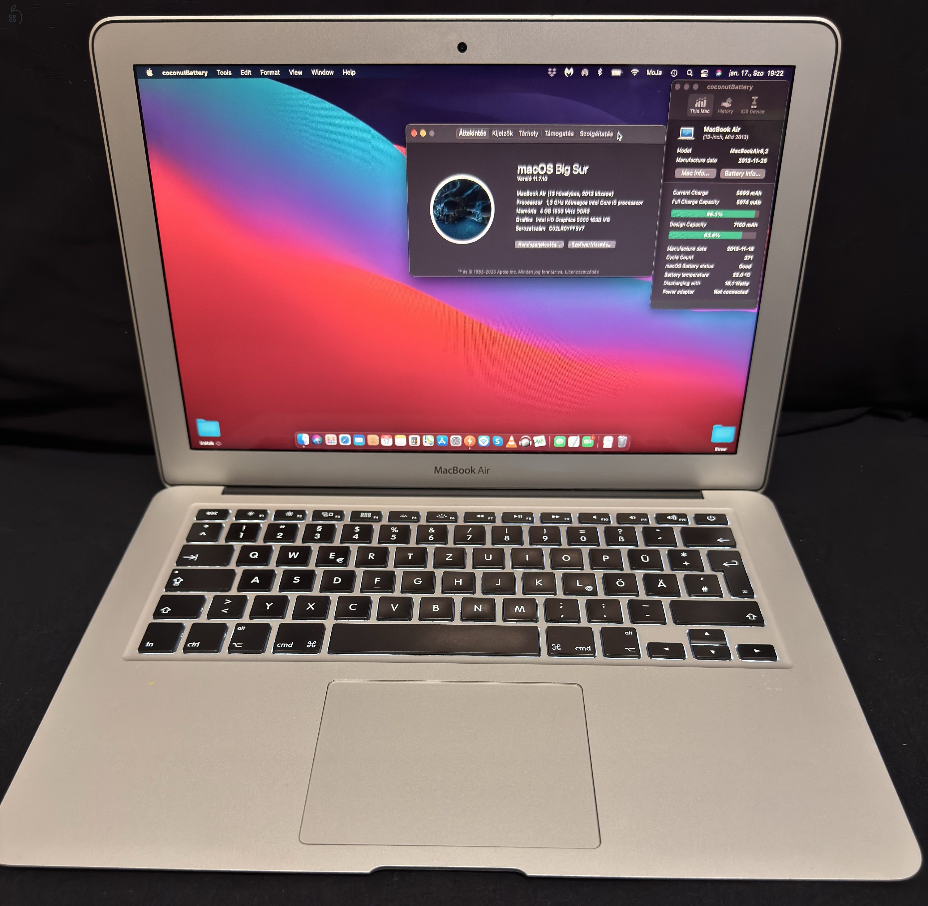 Eladó MacBook Air 2013 mid 13”/i5/4gb/128ssd/371ciklus