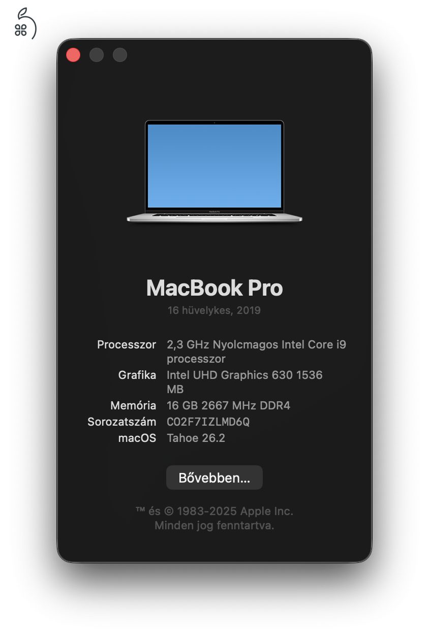 2019 MacBook Pro 16” I9 16/1Tb, Silver szép állapotban