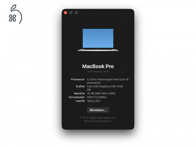 2019 MacBook Pro 16” I9 16/1Tb, Silver szép állapotban