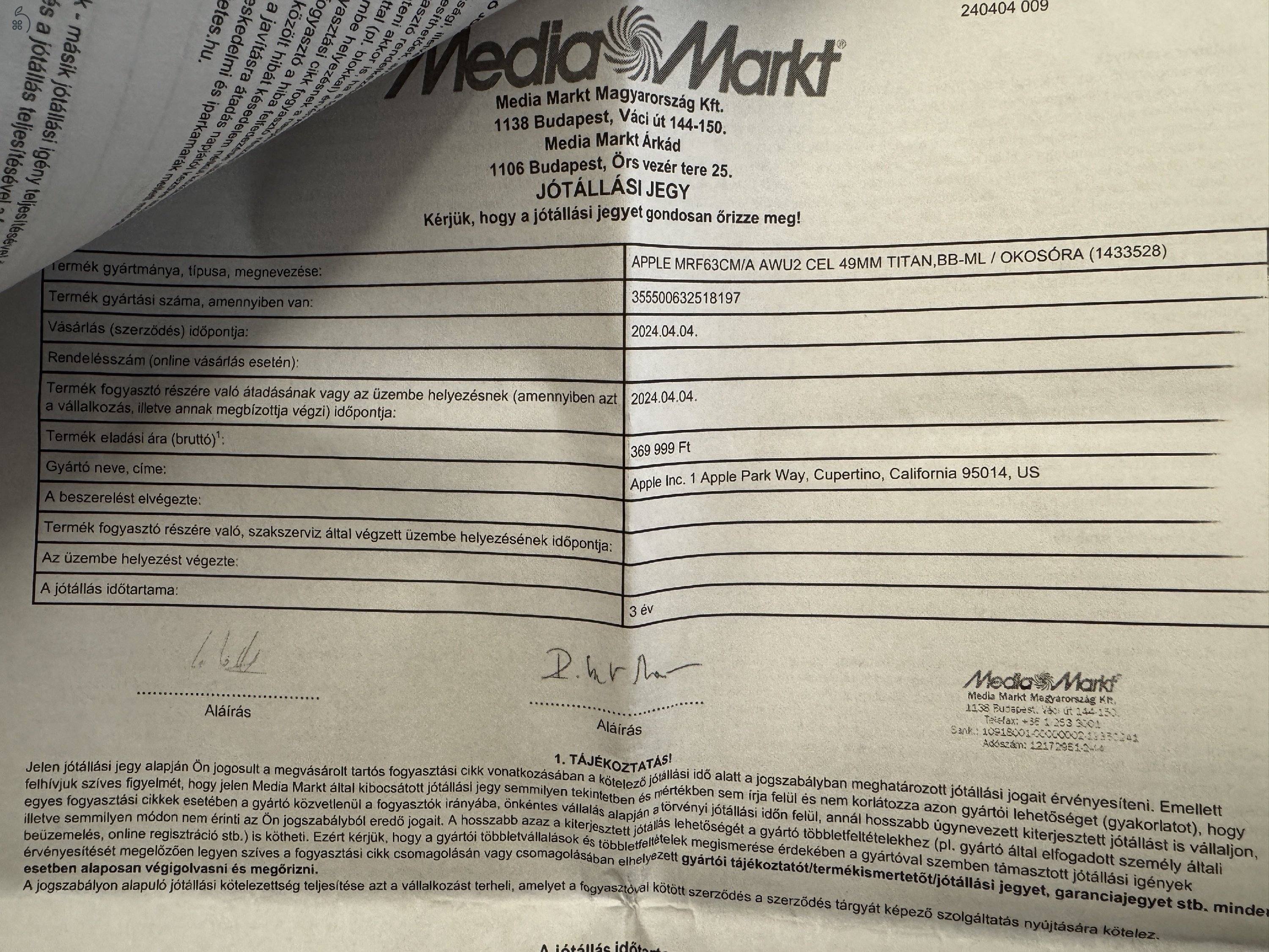 Garanciális 2027.04 Apple Watch Ultra 2