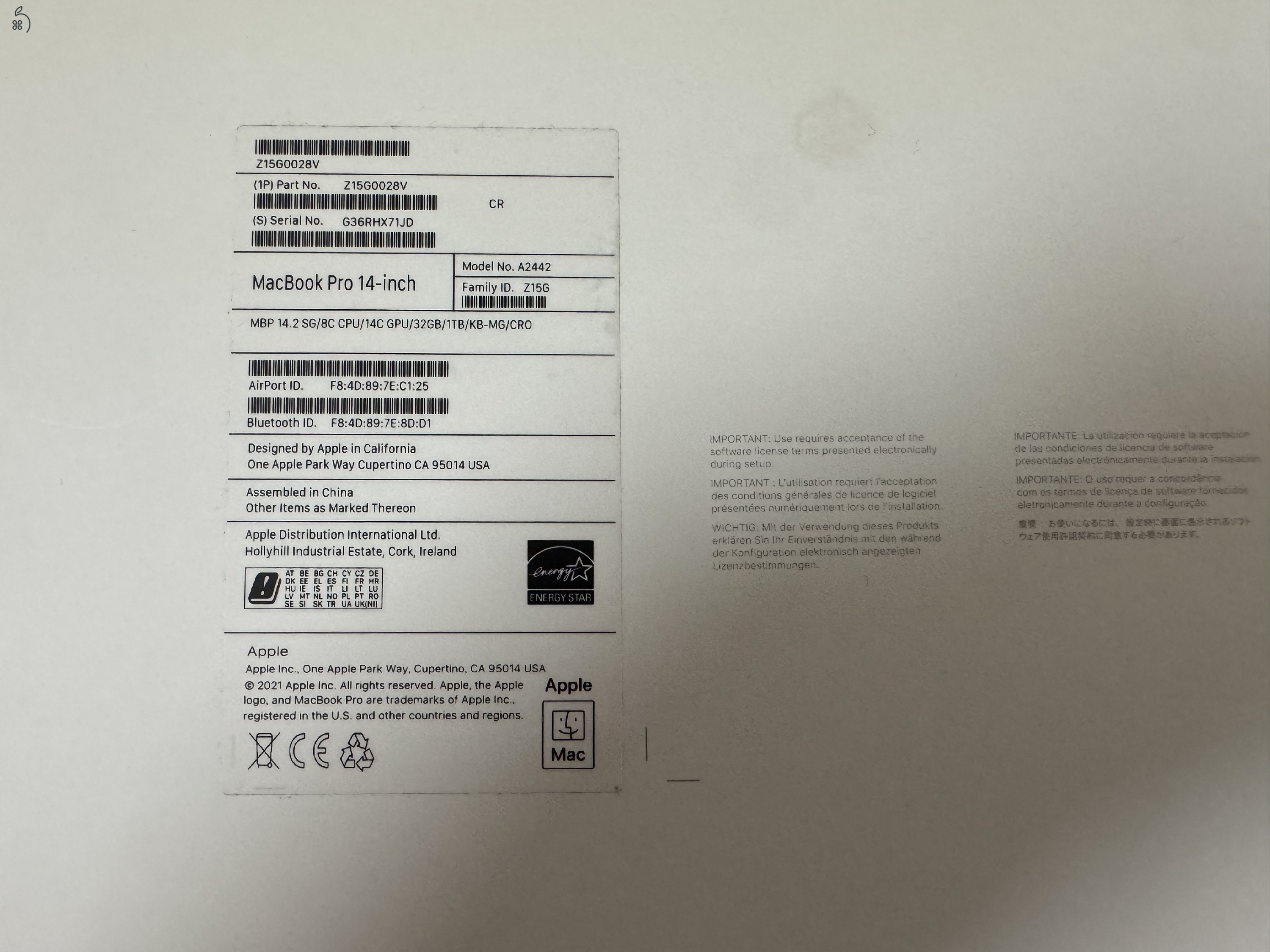 2021 Macbook Pro 14, M1 Pro (8 CPU, 14 GPU), 32GB, 1TB, Silver