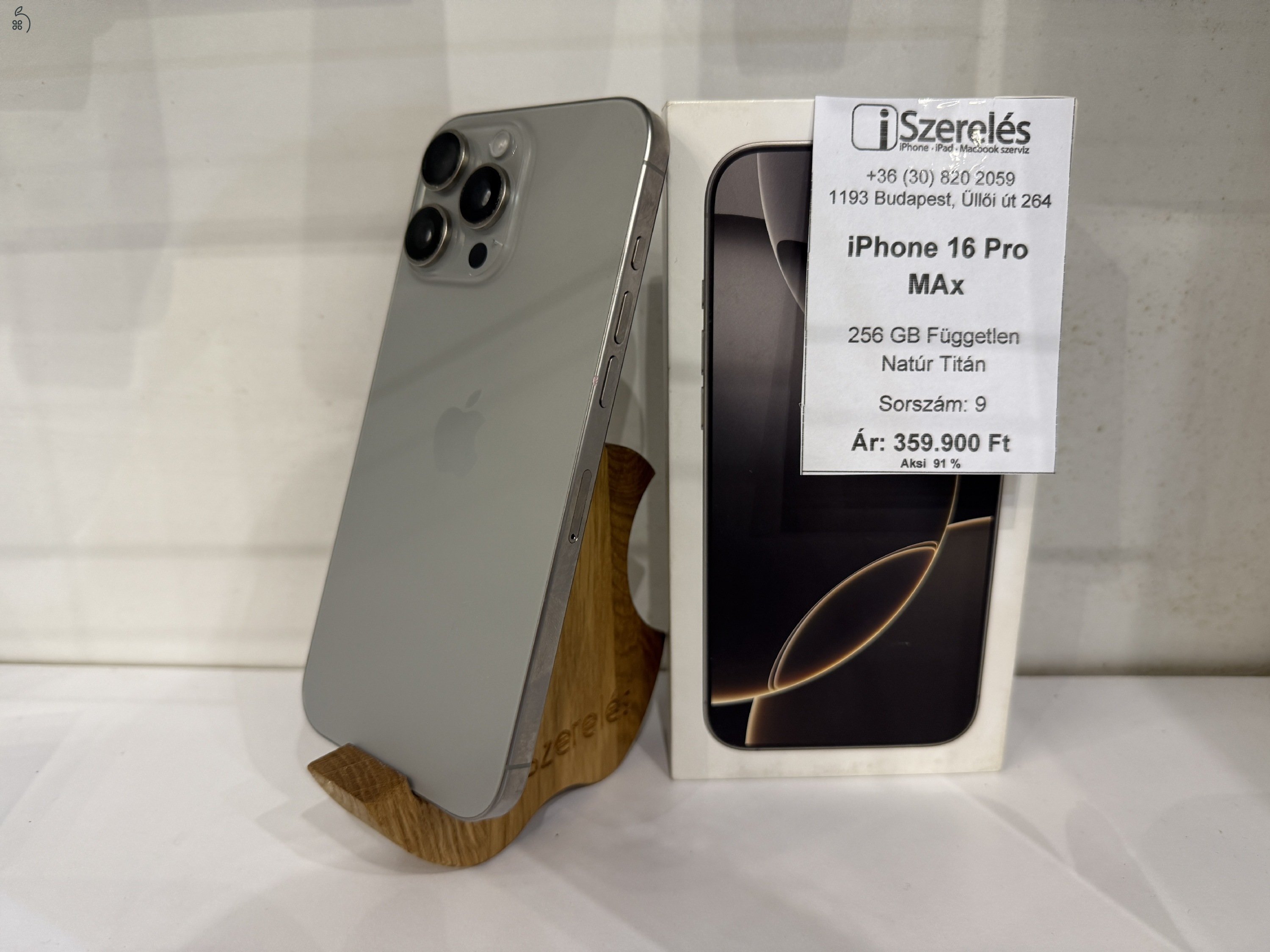 iPhone 16 Pro Max 256GB független natúr titán akku 91% (9) iSzerelés.hu