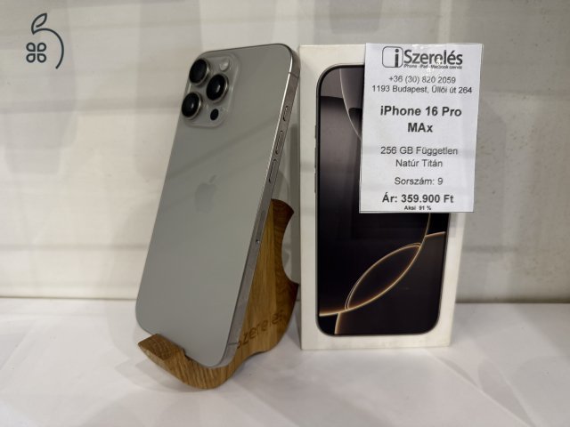 iPhone 16 Pro Max 256GB független natúr titán akku 91% (9) iSzerelés.hu