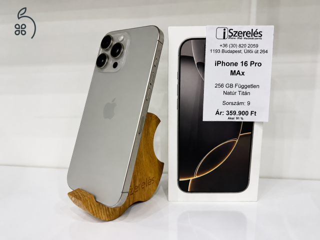 iPhone 16 Pro Max 256GB független natúr titán akku 91% (9) iSzerelés.hu
