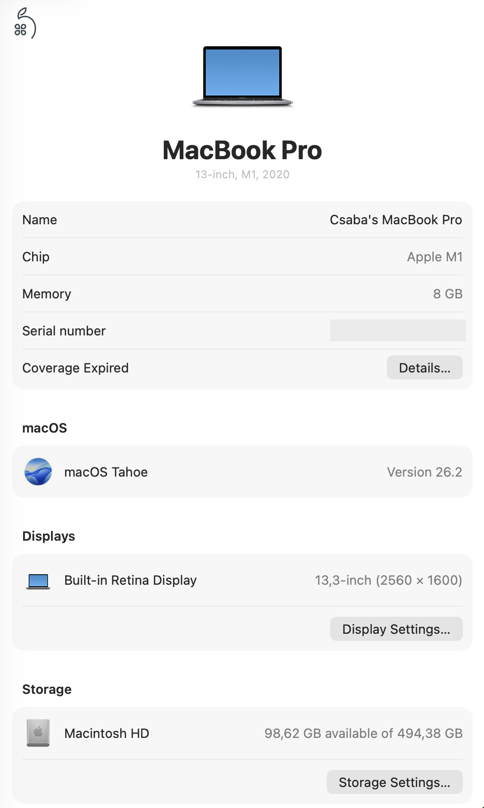 Eladó Macbook Pro 13 (2020, M1, 8GB / 512GB)