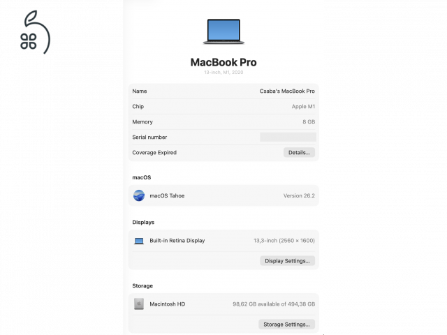 Eladó Macbook Pro 13 (2020, M1, 8GB / 512GB)