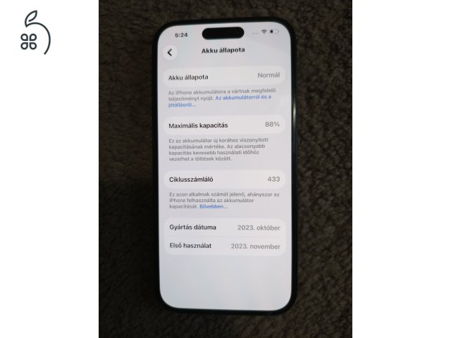 iPhone 15 256GB Fekete 88% akku