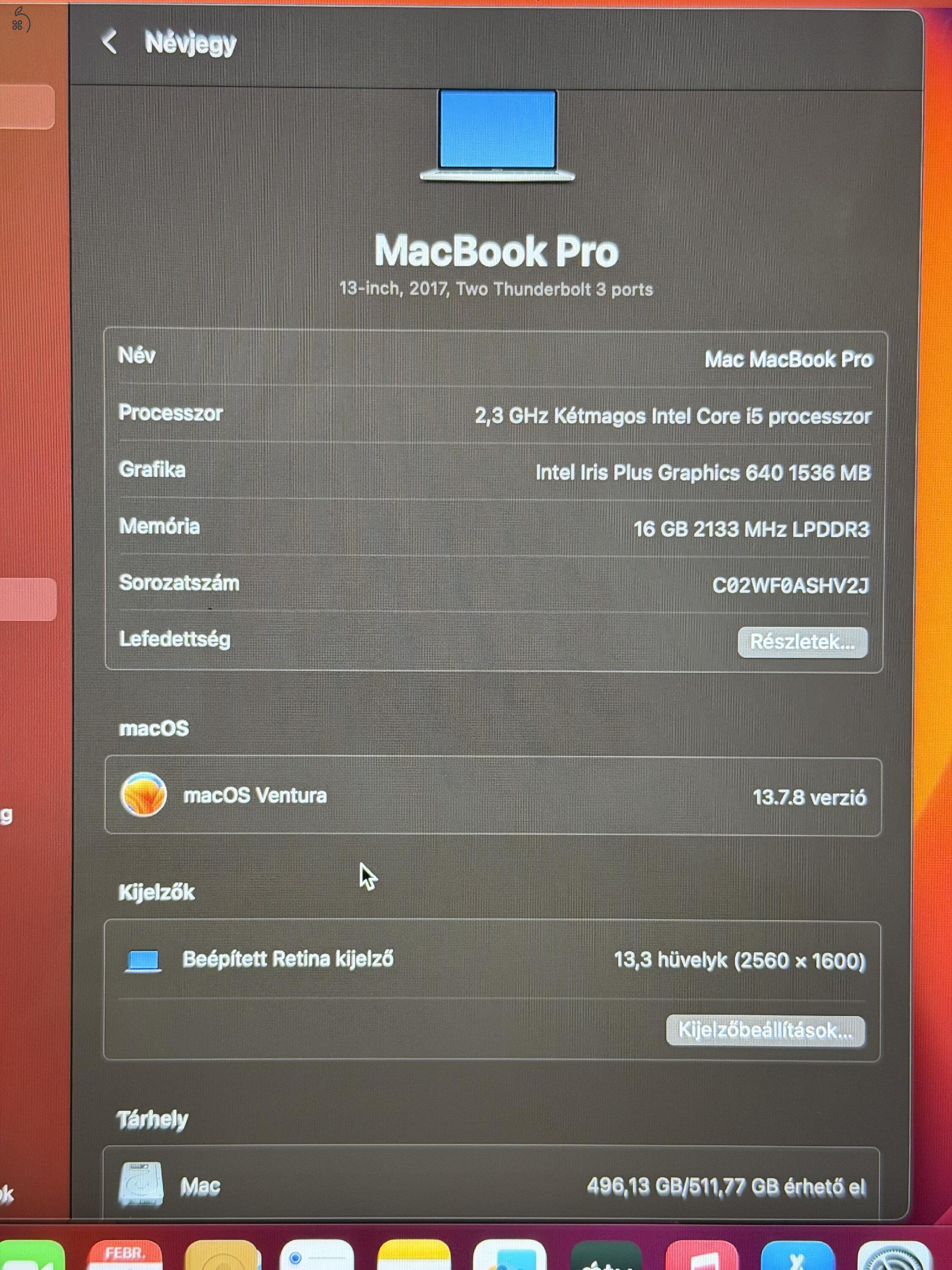 MacBook Pro 13” (2017) – i5 / 16GB RAM / 512GB SSD – frissen telepítve