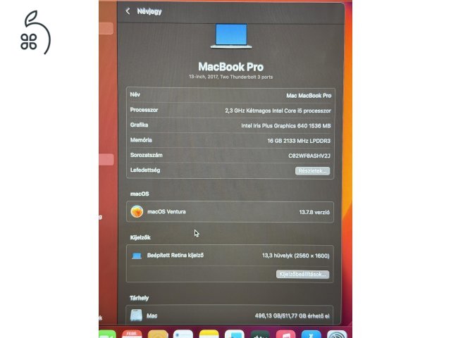 MacBook Pro 13” (2017) – i5 / 16GB RAM / 512GB SSD – frissen telepítve