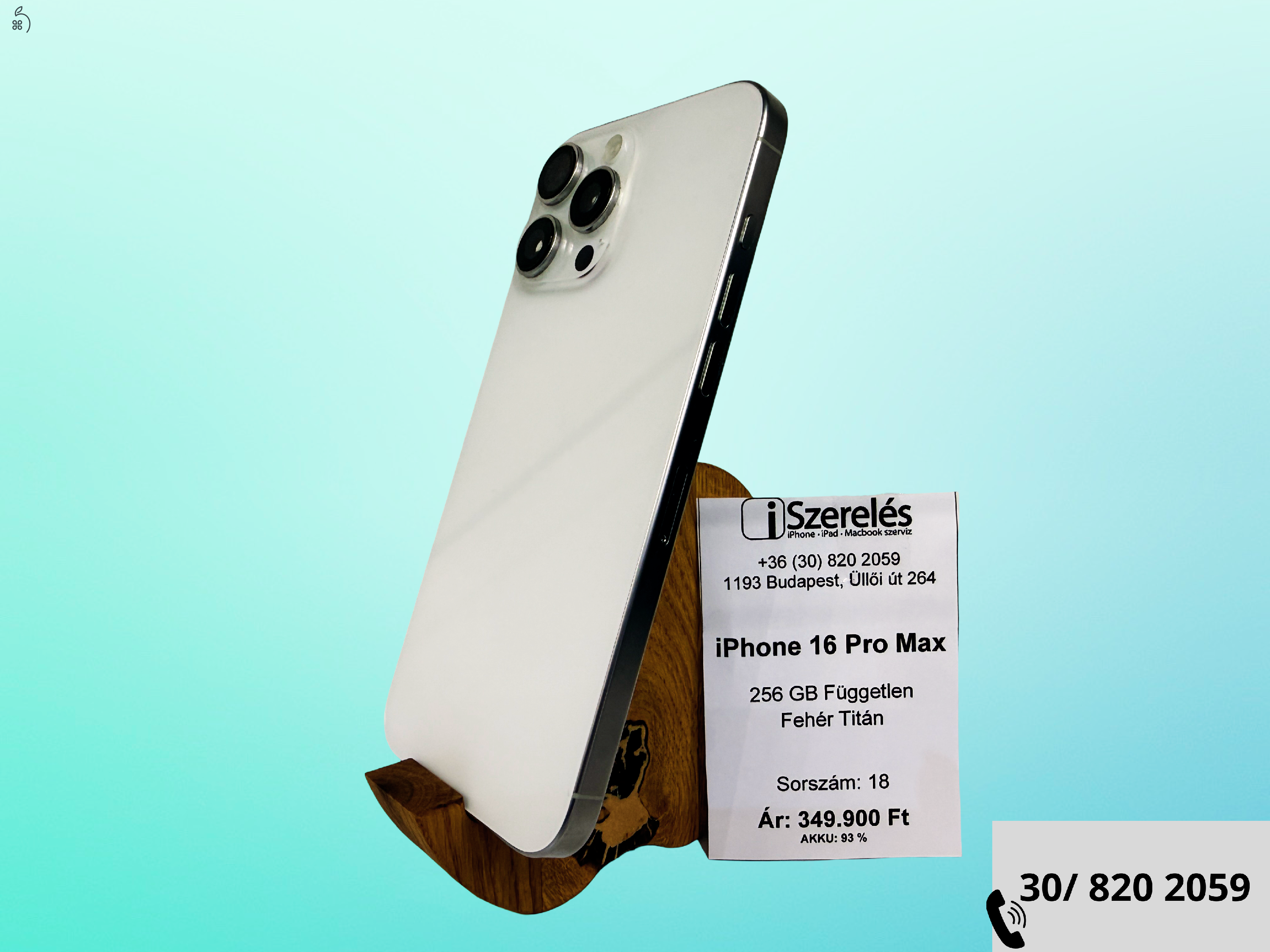 iPhone 16 Pro Max 256 GB független fehér titán akku 93% garanciával (18) iSzerelés.hu