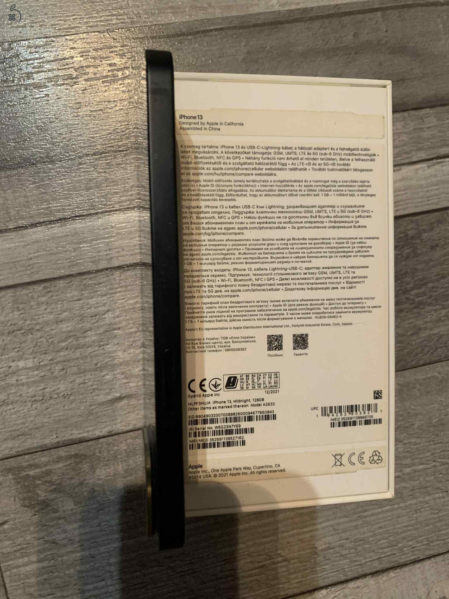 Eladó Iphone13,128Gb,független,karcmentes,éjfekete,dobozával,töltővel