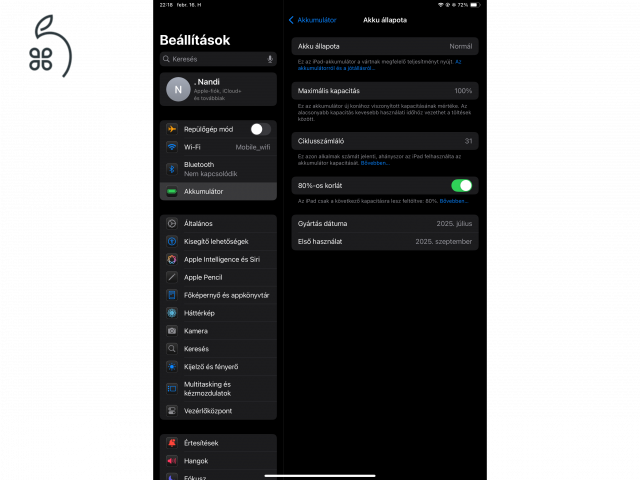 iPad Air M3 11” 128GB 100%-os akkumulátor
