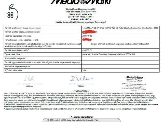 Apple Iphone 16Pro, 128Gb, Natúr titán, 2027.10.15.-ig garancia, Media Markt